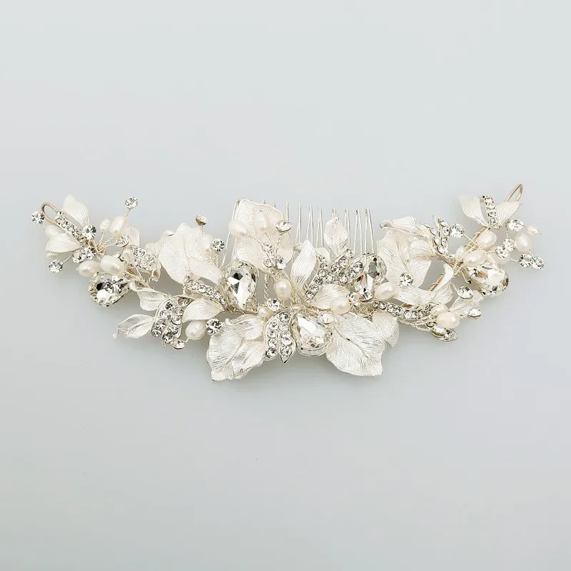 Jonnafe ручной проводной жемчуг женское украшение для прически невесты гребень Серебряное украшение на голову в виде листка модная свадебная корона для волос аксессуары