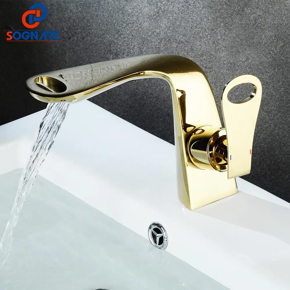

Bath Basin Faucet For Bathroom Mixer Tap Single Hole Waterfall Gold Finish Bathroom Sink Faucet Single Handle Cold And Hot Water