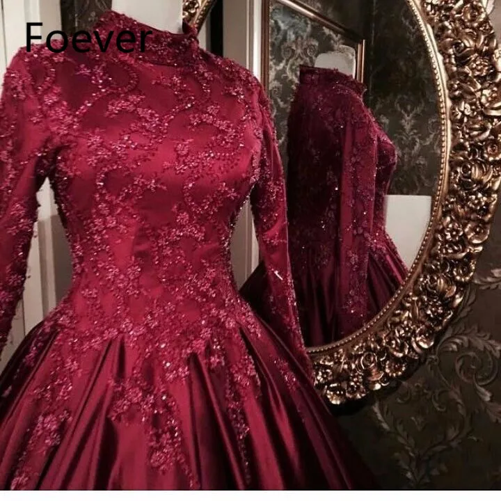 Robe de soiree ТРАПЕЦИЕВИДНОЕ ПЛАТЬЕ с высоким воротом и длинными рукавами с кружевной аппликацией из бисера мусульманское платье для выпускного вечера кафтан женские длинные красные вечерние платья