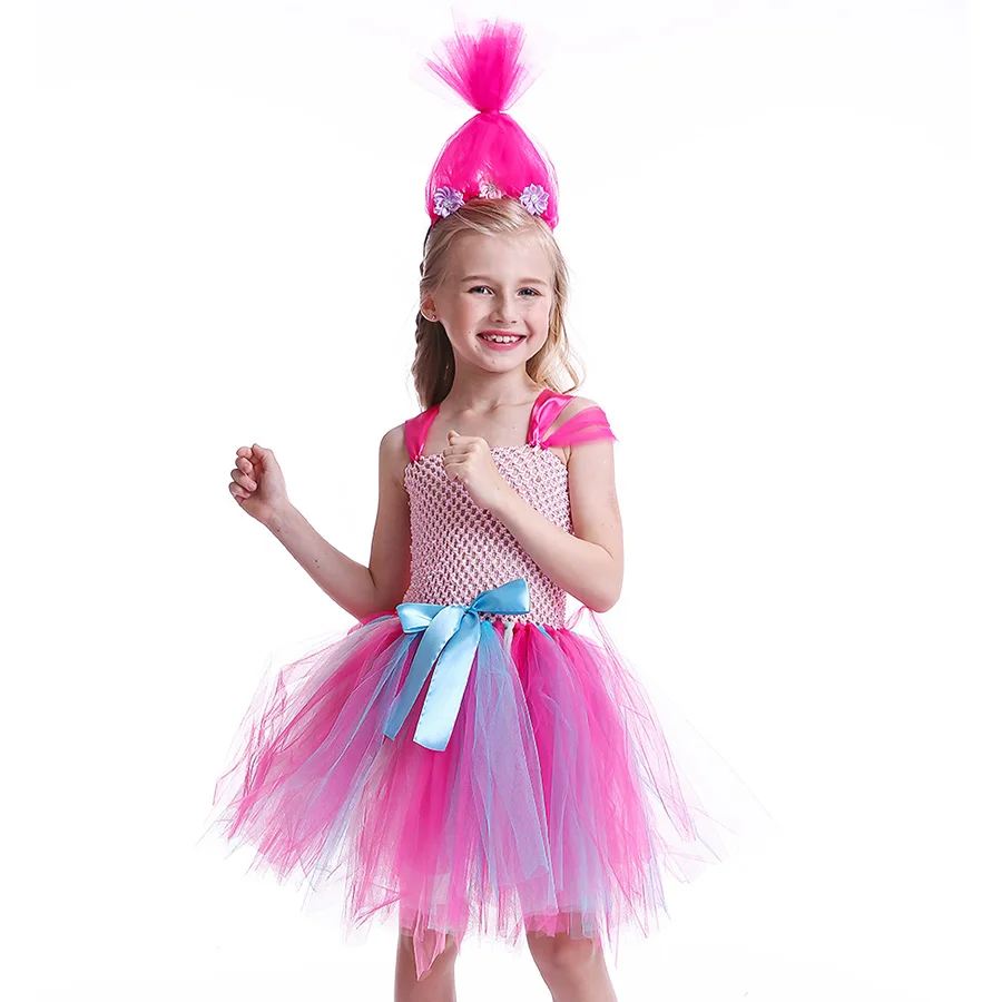 Girls Troll Poppy Tutu Dress Kids Halloween Pink Tulle Costume (1)