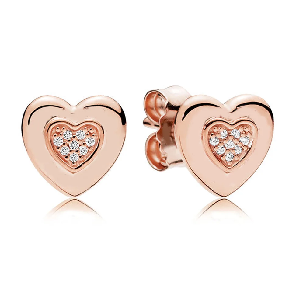 

Authentic S925 Sterling Silver Women DIY Jewelry Lady Earrings Girl Gift Signature Heart Stud Earrings Rose Gold Colour