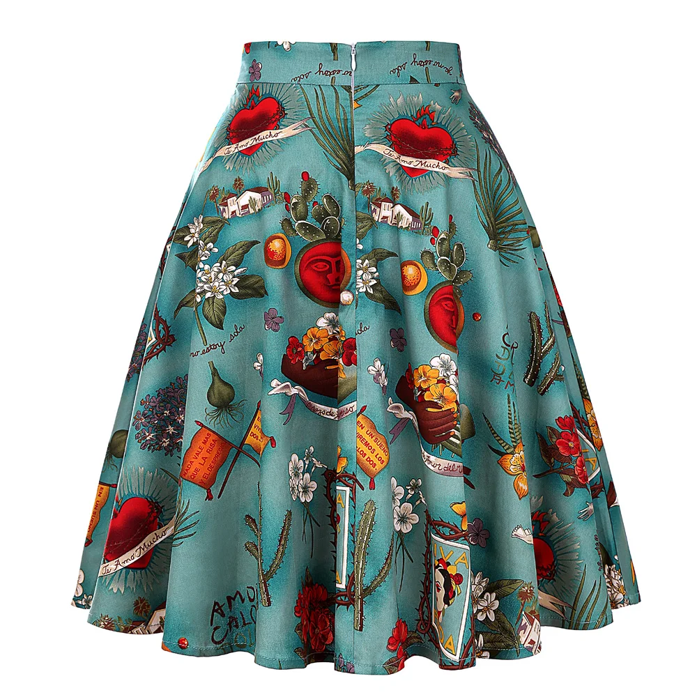 2019 Retro 50s Vintage Women Skirt High Waist Pleated Midi Skirt Women's Clothing Summer Audrey Hepburn Vintage Big Swing Skirts