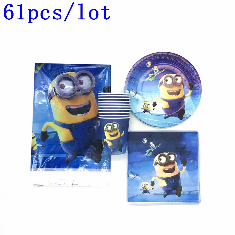 

Minions Theme 61Pcs/lot Girl Birthday Disposable 20Cup 20Plate 20Napkin 1Tablecover Christmas Cartoon Minions Dish Glass Supply