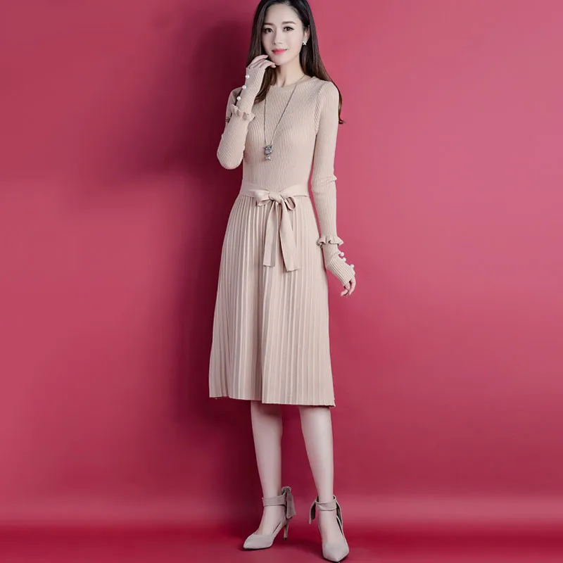 

Women Sweater Dress 2019 New Autumn And Winter Thin Belt Female Knit Dress Korean Style Hot Selling Black Khaki Brown A46