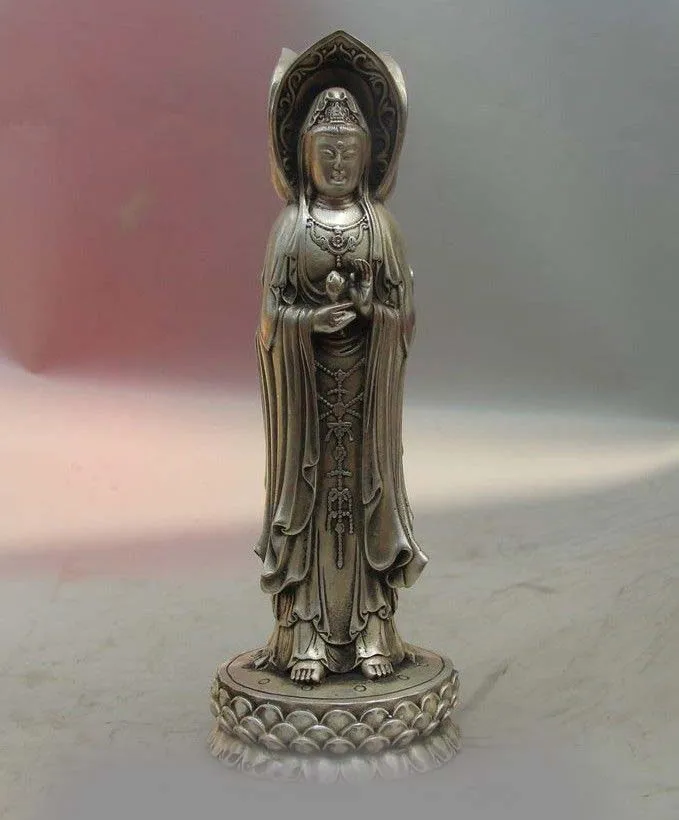 

China White Copper Silver Dragon Three sides Kwan-yin Guanyin Bodhisattva Statue SD 506
