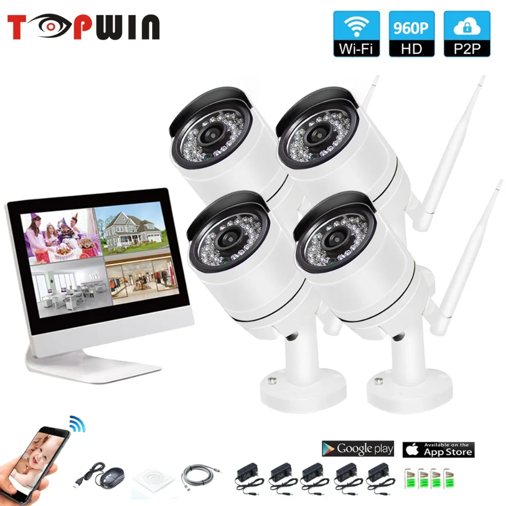 

Wireless Surveillance System Network 10.1 Inch LCD Monitor NVR Recorder Wifi Kit 4CH 960P HD Video Inputs Security Camera