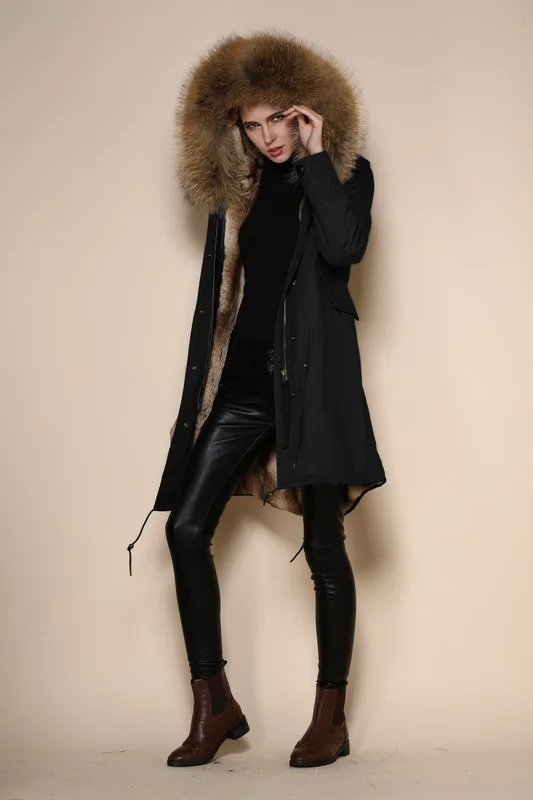Dropshipping 2015 7colors Black winter coat women long real fur coat big raccoon Fur collar hooded