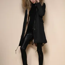 Прямая поставка 7 цветов черное зимнее пальто женское длинное пальто из натурального меха большой енот меховой воротник с капюшоном