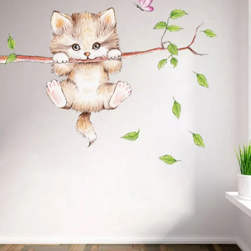 Cute Cat Butterfly Tree Branch Wall Stickers for Kids Rooms Home Decoration Cartoon Animal Wall Decals DIY Posters PVC Mural Art