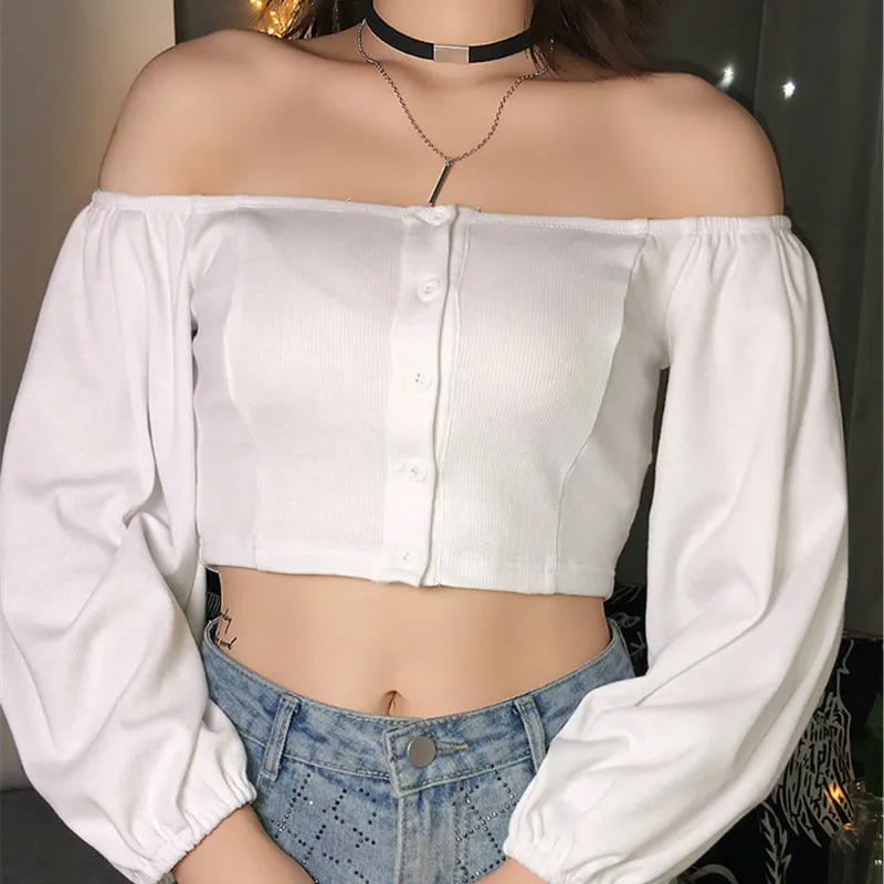 

Women Off Shoulder Blouse Sexy Slash Neck Top Ladies Buttoned Croped Tops Vest Shirt