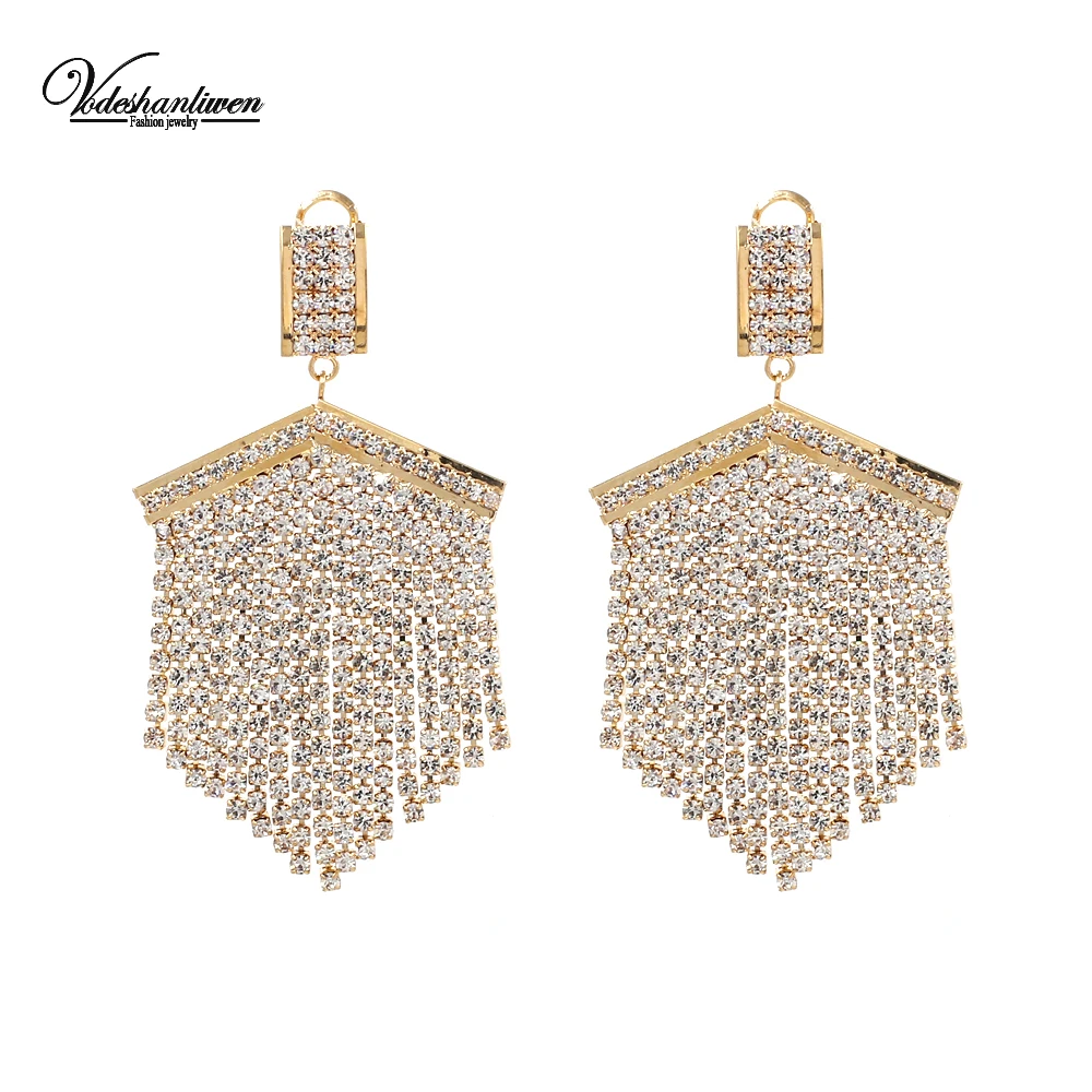 Vodeshanliwen ZA Gold Colorful Metal Annulus Earrings New Designs Rhinestone Tassel Long Earrings For Women Party Accessory