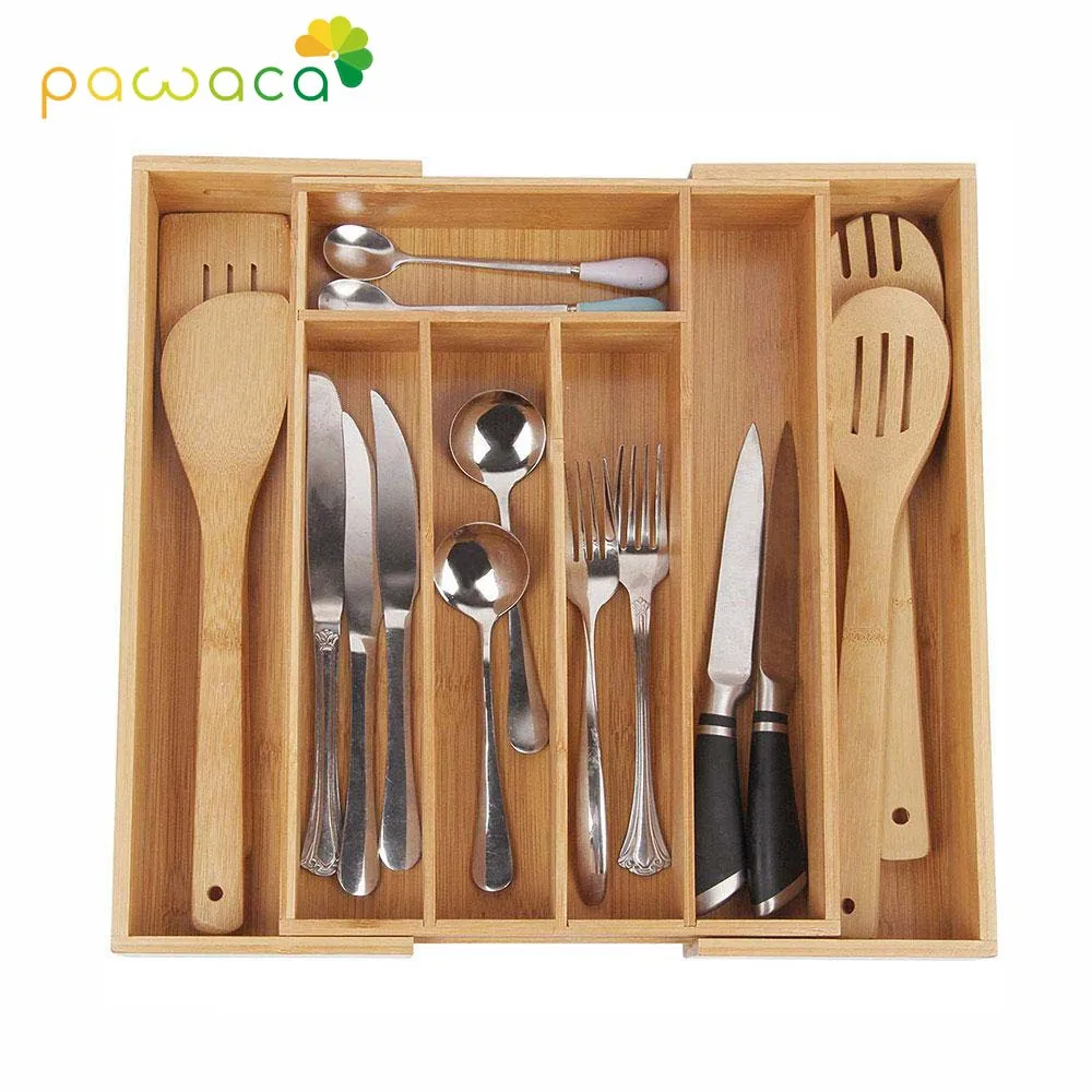 

6-Grid Kitchen Cutlery Storage Box Multi-Function Drawer Organizer Expandable Cutlery Bamboo Drawer Cutlery Tray Storage Holders