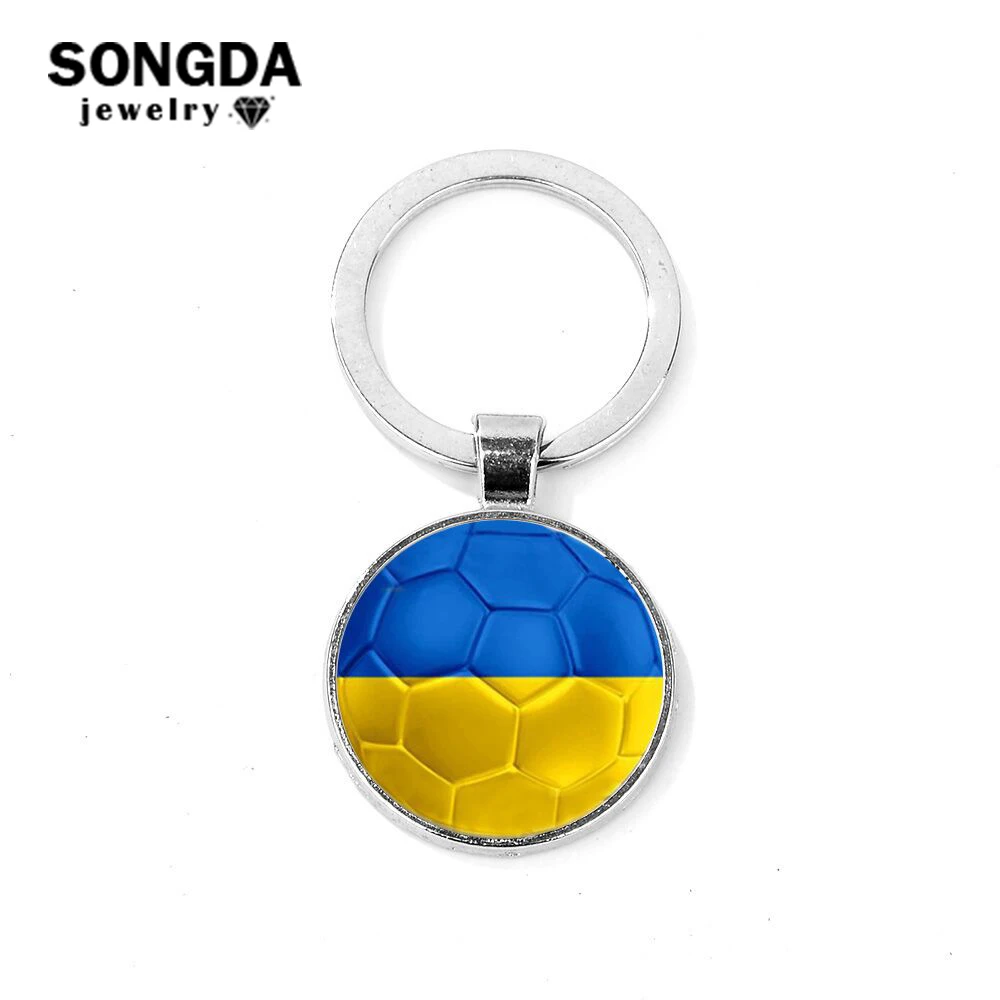 

SONGDA Ukraine Flag Keychain World Football Game Soccer Printing Glass Dome Pendant Silver Color Key Chain Bag Charms Fans Gifts