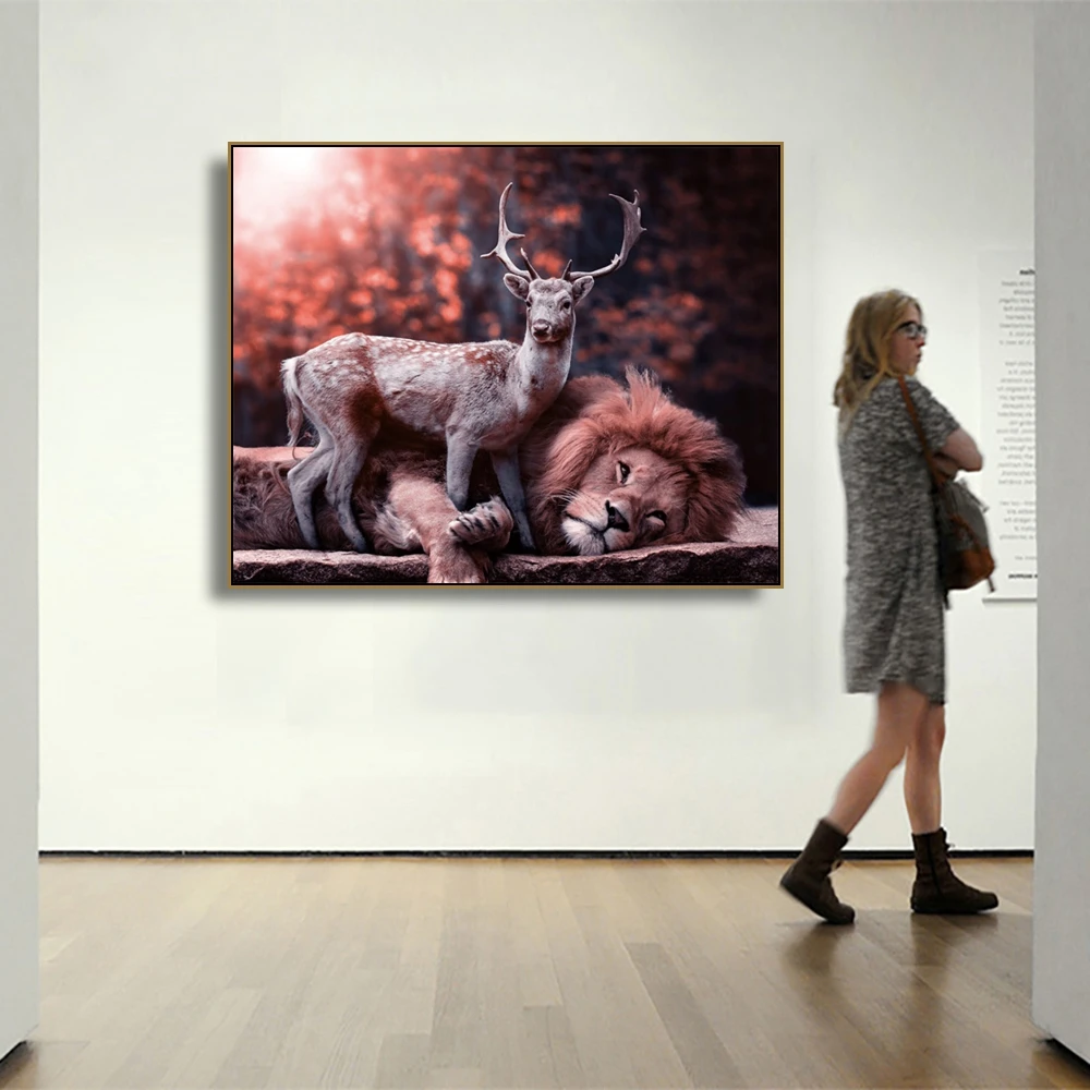 

Laeacco Canvas Calligraphy Painting Deer and Lion Ainmal Posters and Prints Wall Pictures for Living Room Nordic Home Decoration