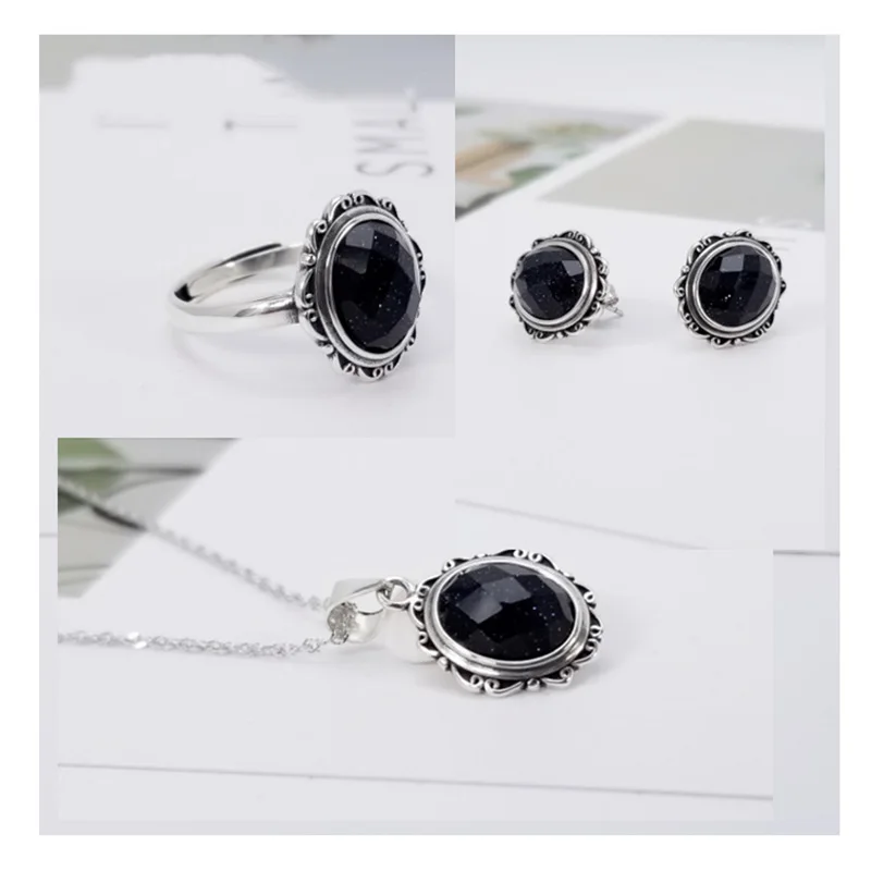 Настоящее чистое 925 пробы серебряные ювелирные изделия набор антикварные цветы для женщин с натуральным черным ониксом камень серьги ожерелье и кольцо