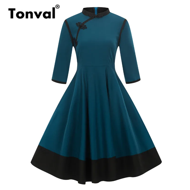 

Tonval Chinese Frog Fastener Chic Vintage Dress 2/3 Sleeve Women Midi Winter Dress Blue Elegant Autumn Dresses