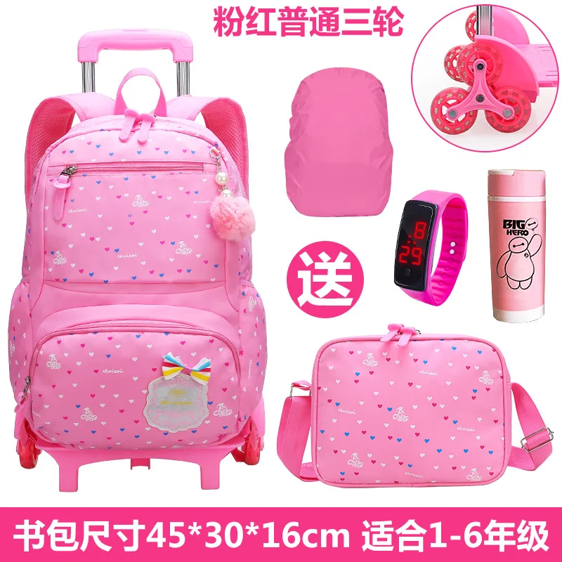 pink Children School Bags Removable Girls large capacity princess Trolley Backpack 6 Wheels Climb Stair Kids Rolling Backpacks - Цвет: pink