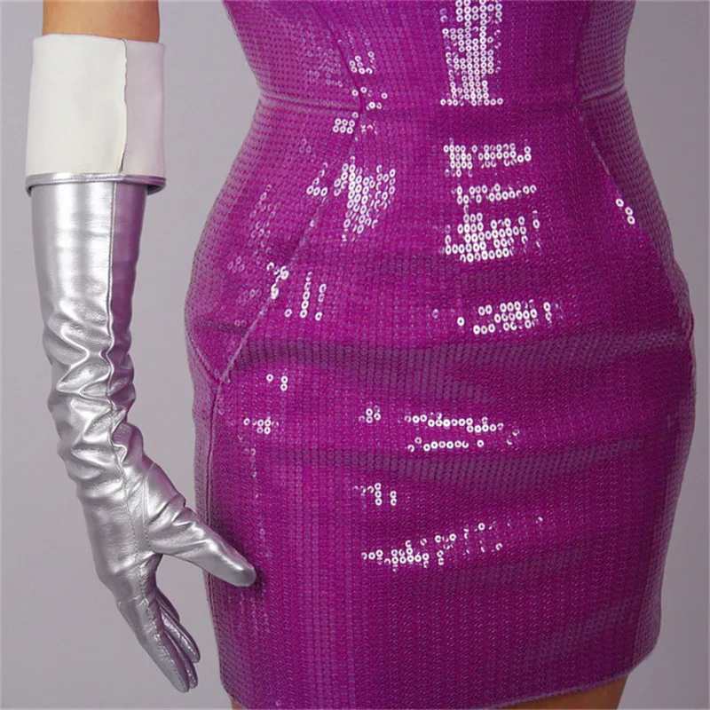 Fashionable Patent Leather Woman's Gloves Over Elbow PU Imitation Genuine Leather Female Long Gloves Silvery 60cm P42-3