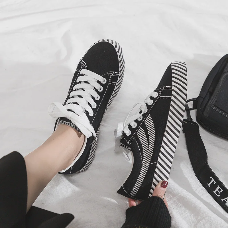 

Canvas Shoes Women Autumn 2019 New Striped Bottom Breathable Ladies White Casual Sneakers Mixed Colors Lace-up Female Footwear