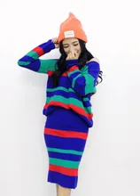 In the fall and winter of 2015 + new color contrast color stripe knitting sweater bag hip bust skirt suit
