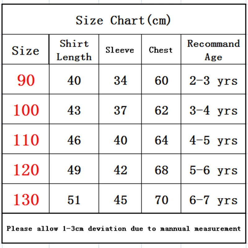 kids shirt size Chart