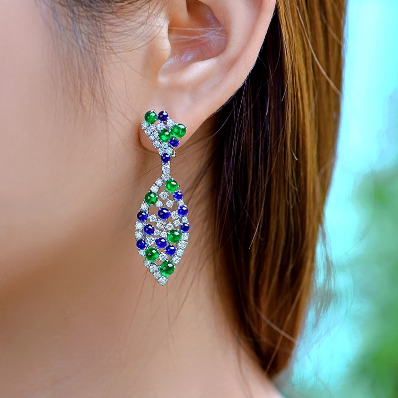 CAIMAO Natural 9.28ctw Cabochon Round Sapphires Emeralds and Diamonds Earrings 18kt Gold Retro English Lock For Women