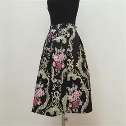 Летняя мода Винтаж женщин Богемия юбки черный с цветочным принтом эластичным поясом средней юбка красивая леди юбка