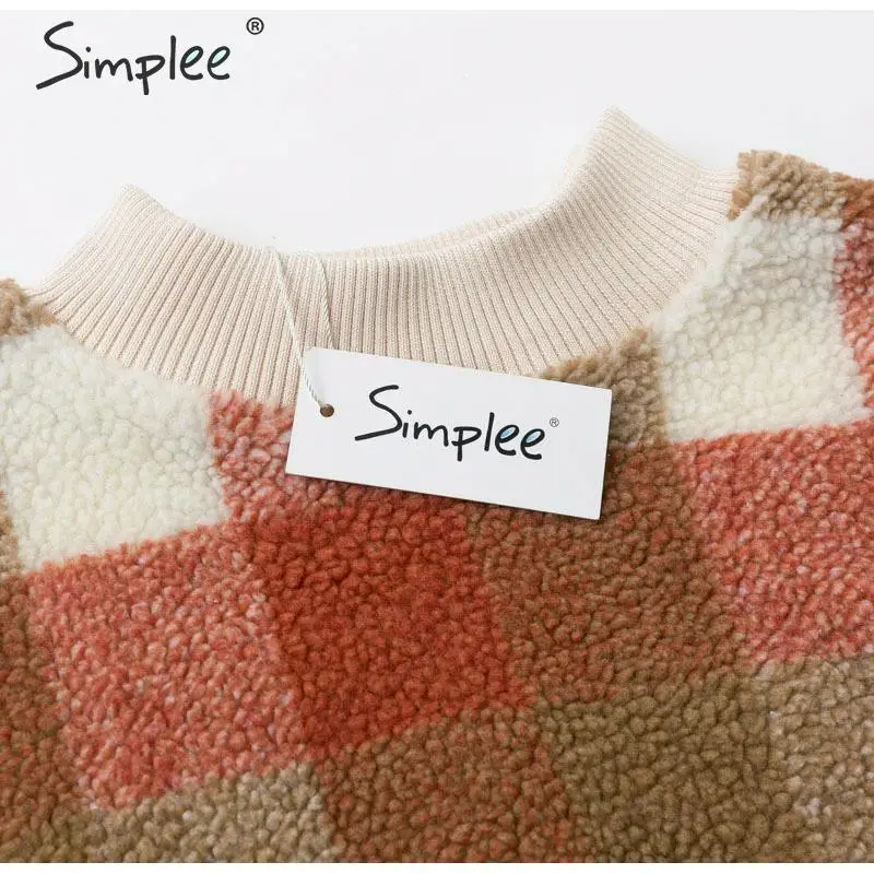 Simplee Casual lambswool plaid women hoodies sweatshirts O neck pullover loose female sweatshirt Autumn winter ladies warm coat