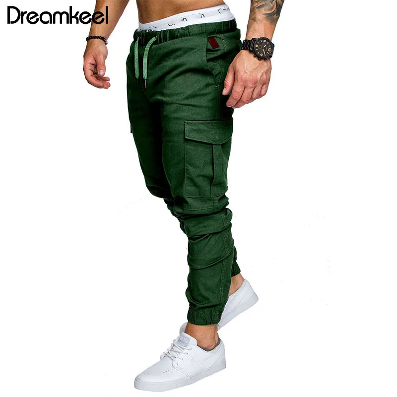 Men Joggers Cotton Elastic Trousers Solid Color Pants Men Military Style Army Cargo Pants Casual Mens Leggings Streetwear Y - Цвет: Зеленый