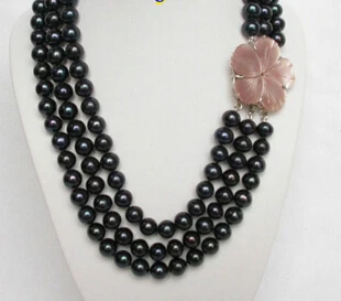

Jewelr 004705 Genuine 3row 9-10mm 17" black freshwater pearls necklace