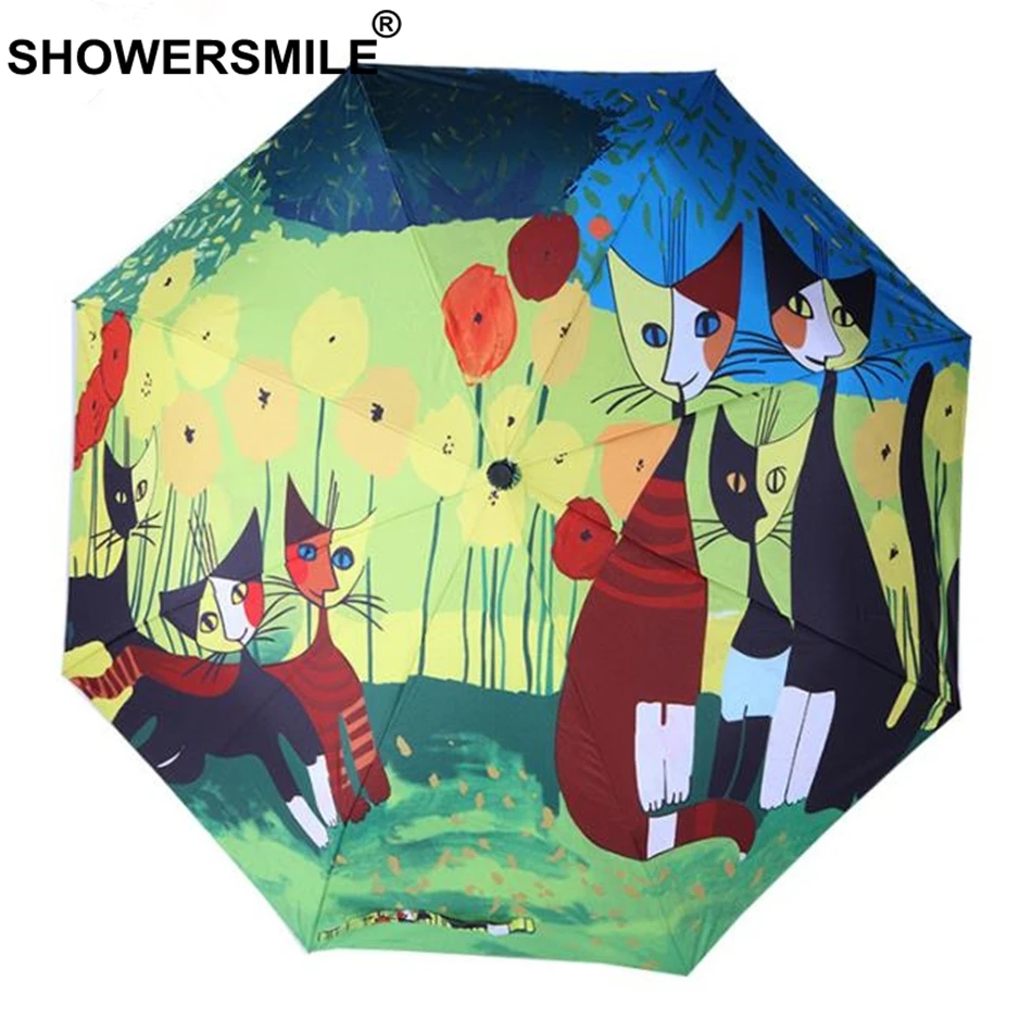 

SHOWERSMILE Umbrella Cat Three Folding Painted Summer Uv Protection Parasol Japanese Silver Coating Sunny Rainy Female Brolly