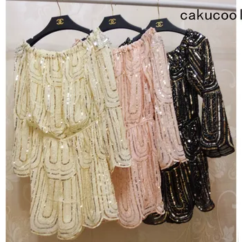 

Cakucool Women Beaded Playsuits Slashneck Sexy All sequined Overalls Chiffon Long Sleeve Jumpsuit Bling Siamese Trousers Women