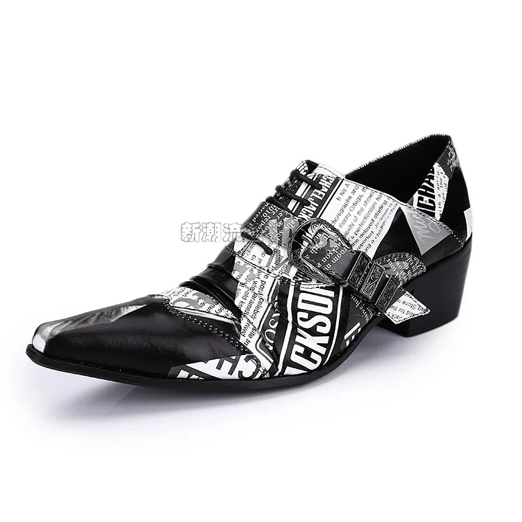 

2017 New Arrival Spring Printed Men Leather Shoes Pointed toe Square Heel Buckle Dresses Shoes Man Slip on Shoes Low cut Shoes