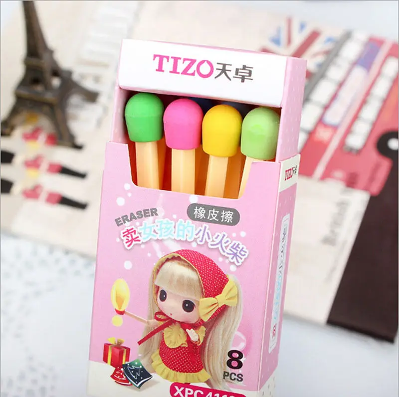 

8pcs Kids Prize Writing Drawing Kawaii Matches Eraser Colored Eraser Pencil Erasers ForOffice School box