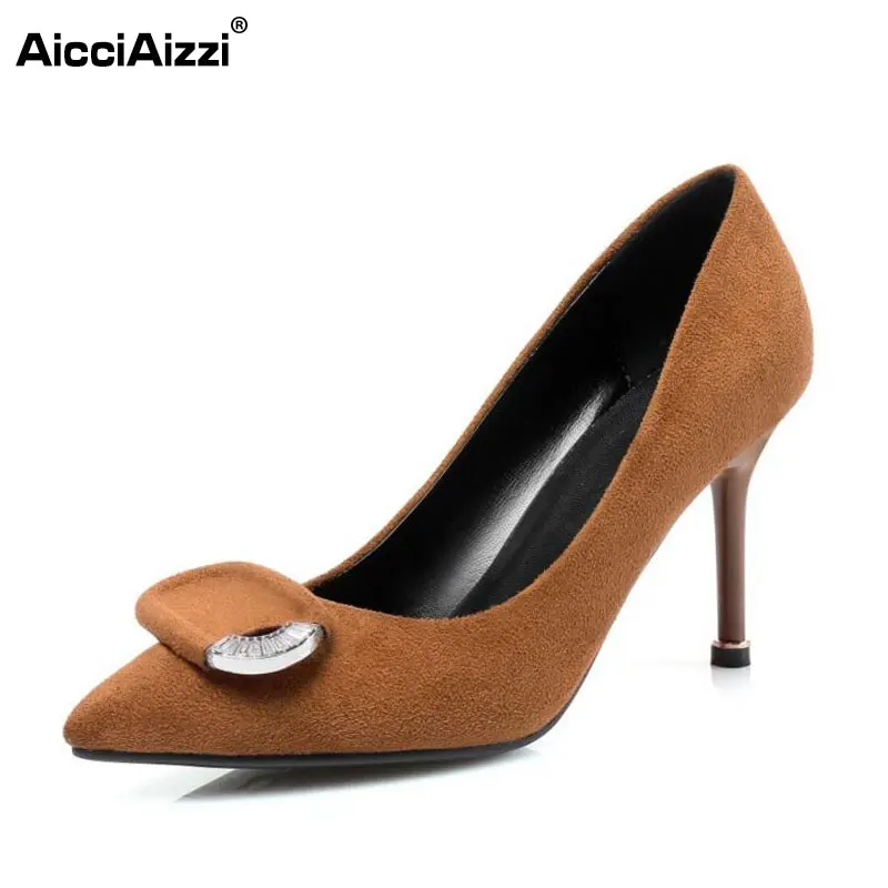 

AicciAizzi Women Thin Heels Basic Pumps Crystal Bowknot Highheel Shoes Women Pointed Toe Party Wedding Pump Footwear Size 34-39