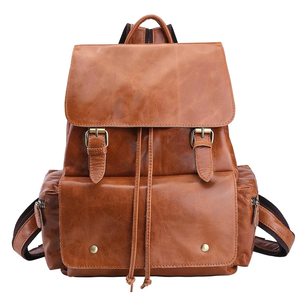 Fashion Oil Wax Leather Backpack Women 14 inch Laptop Backpack Casual College Bag Brown Rucksack ...