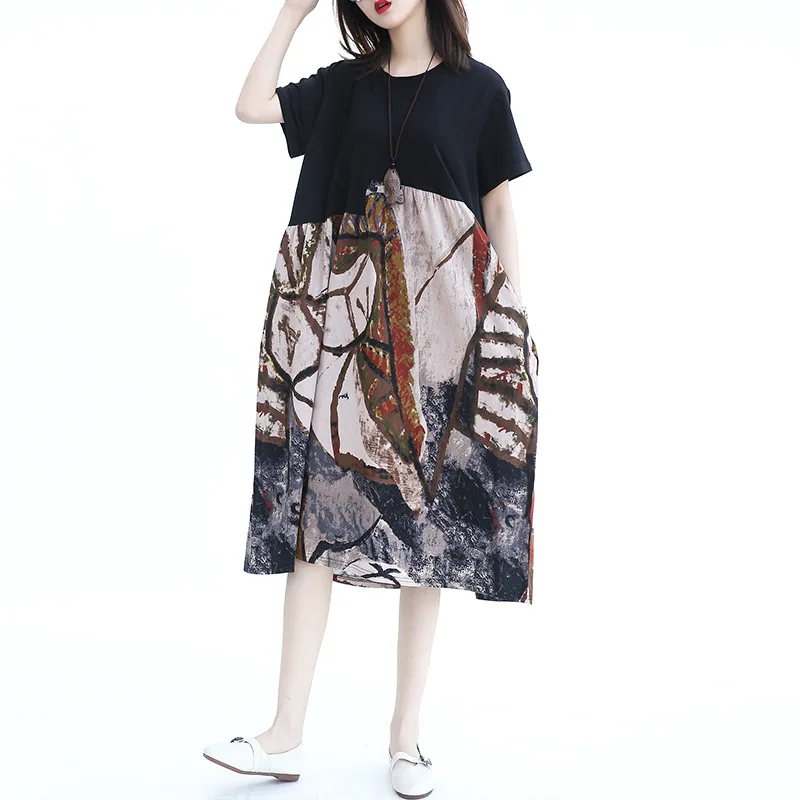 

Johnature New Korean Casual Loose Summer O-Neck Short Sleeve Print Cotton Linen Dress Women 2019 Patchwork Black Dresses