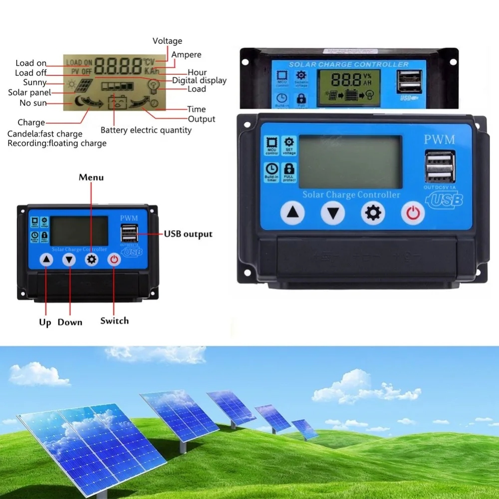 

10A/20A/30A/40A/50A 12V 24V Auto Work Solar Charge Controller With LCD USB 5V Output Solar Cell Panel Charger Regulator #290033