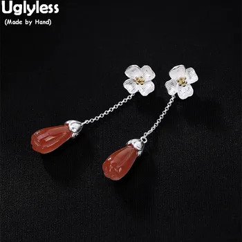 

Uglyless Solid 925 Silver Floral Earrings for Women Nature Red Agate Orchid Earrings Luxury Gemstone Jewelry Fine Brincos Bijoux