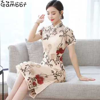 

Elegant Flower Embroidery Cheongsam Chinese Style Satin Dress Vintage Qipao Dress Summer Short Sleeve Printed Silk Qipao Party