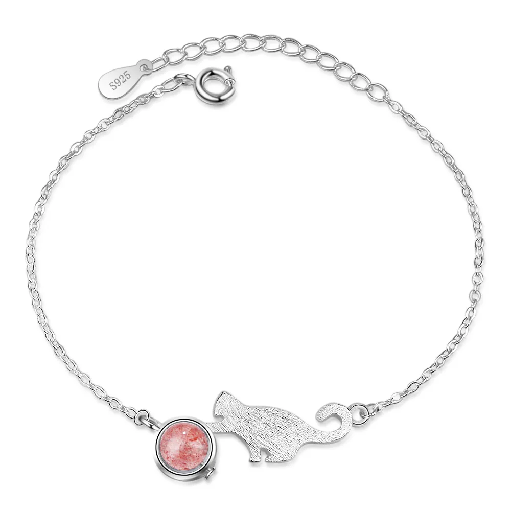 

New Sweet Little Cute Cat Animal Strawberry Quartz 925 Sterling Silver Ladies Bracelets Jewelry Women No Fade Choker Charms Gift