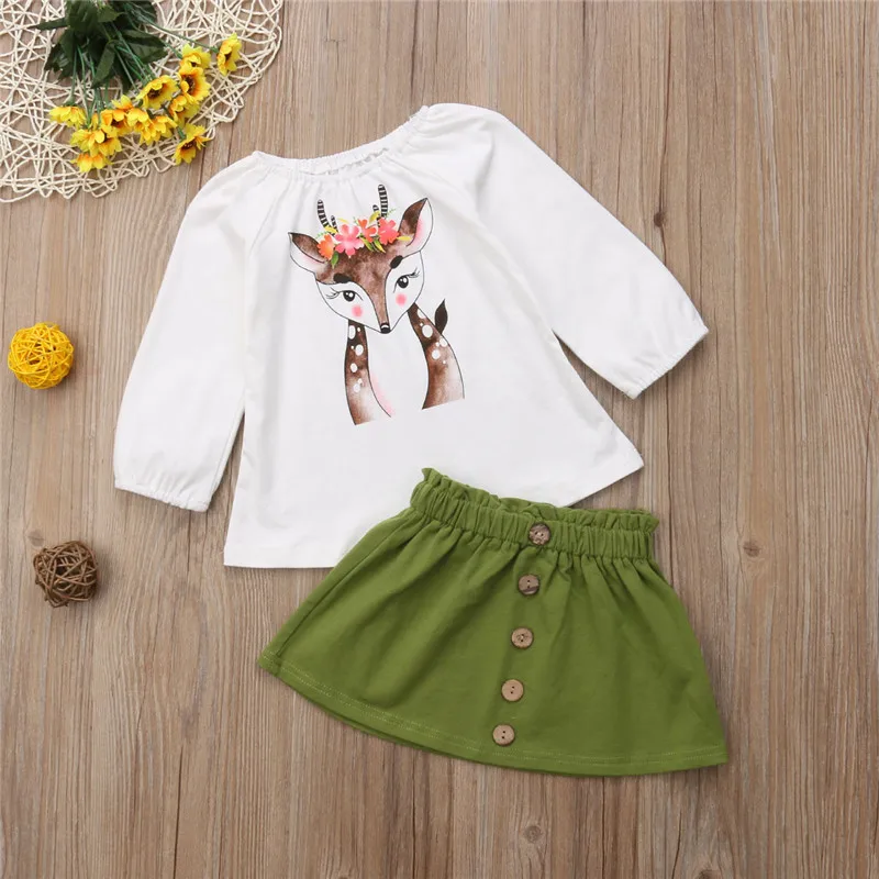 

Toddler Kids Baby Girls clothes long sleeve round neck animal print pullover Tops Button solid Skirts 2pc autumn cotton Outfits