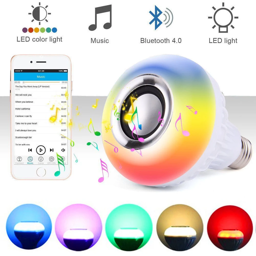 E27 RGB Bluetooth динамик светодиодный светильник 12 Вт Музыка Воспроизведение затемнения беспроводной светодиодный светильник с 24 клавишами дистанционного управления