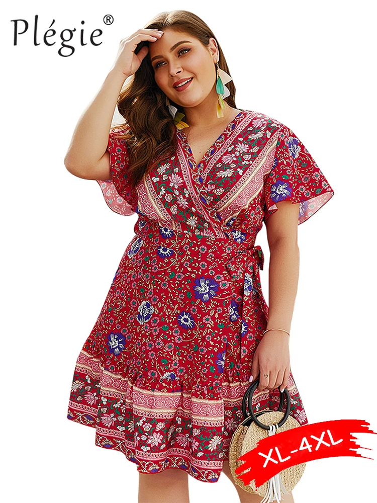 

Plegie Plus Size Boho Printed Summer Dress 2019 New Women Short Sleeve V Neck Bandage Dresses XL-4XL Big Size Bohemian Dress