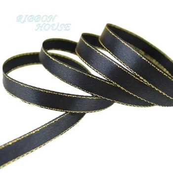 

(25 yards/lot)3/8'' (10mm) satin ribbons black golden edge ribbon wholesale high quality gift packaging ribbons