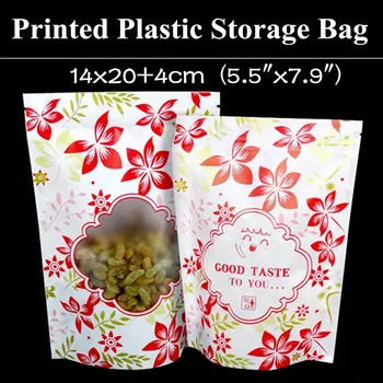 

50pcs 14x20+4cm (5.5"x7.9") Stand up Color Printed Plastic Packaging Bag Red Leaf Clear Window Recloseable Plastic Zip Pouch