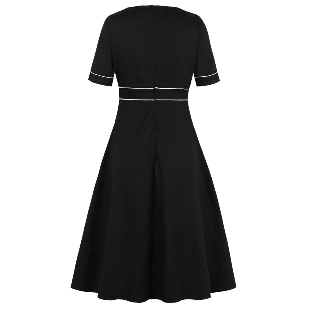 Joineles плюс размер однотонное Черное женское ретро платье с v-образным Вырезом С Короткими Рукавами Летняя с высокой талией винтажное платье 50s 60s вечерние платья 4XL