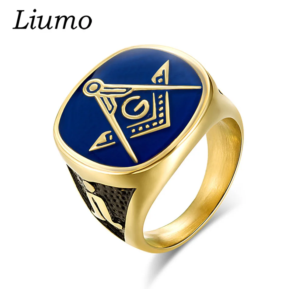 

Liumo Vintage Blue Gold Color Masonic 316L Stainless Steel Men Ring Lr258
