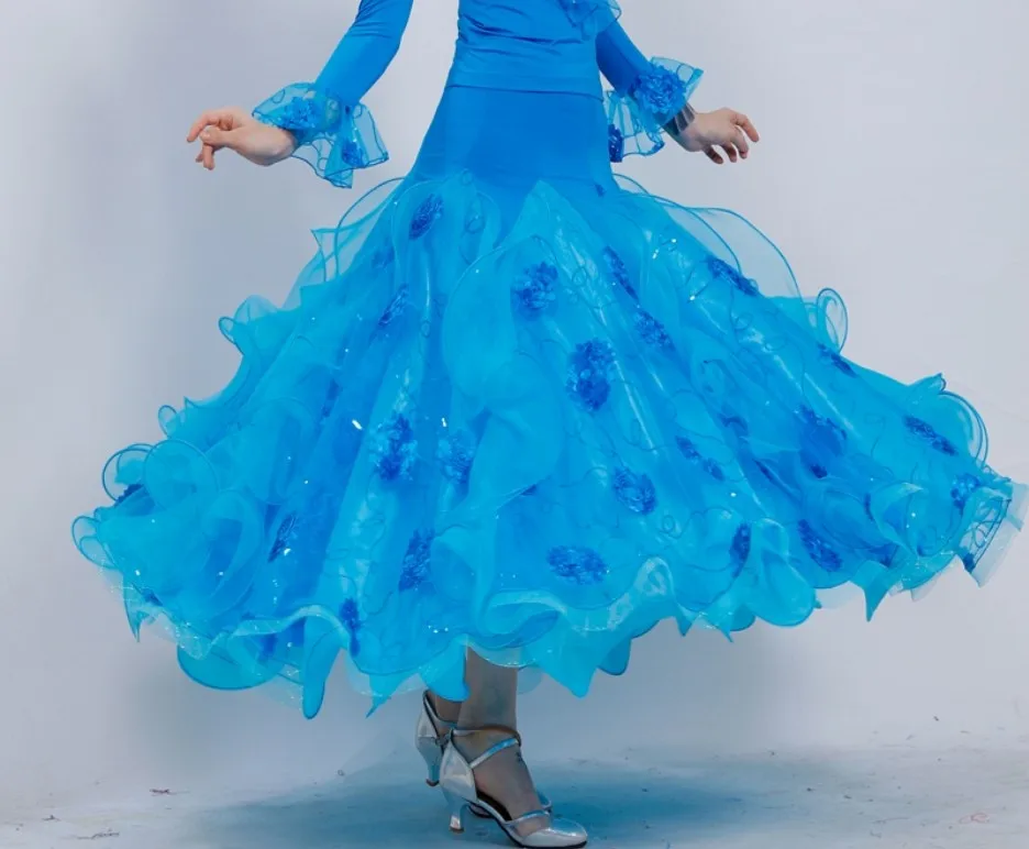 Цветами бальная юбка бальное платье, для вальса платье черные Бальные платья Фламенко юбка современные танцевальные костюмы топ и юбка Одежда для танцев - Цвет: blue skirt
