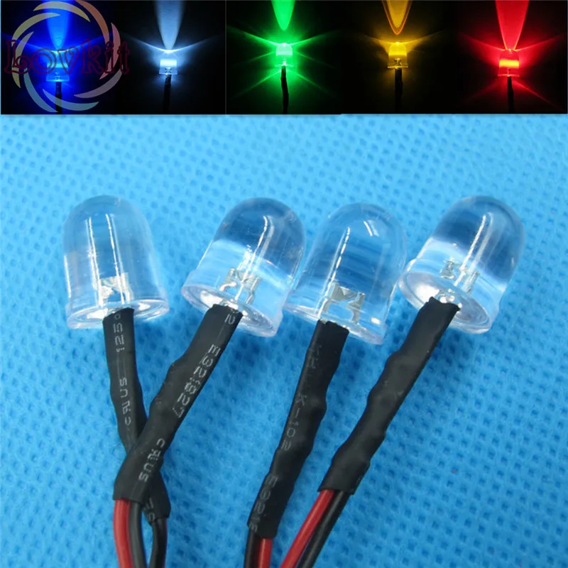 

250pcs 10MM 12V Pre-Wired Resistor Round top LED 50Each color White Red Blue Green Yellow Emitting Diodes DC 20cm Car Light DIY